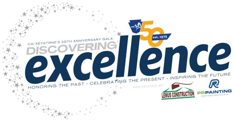 “Discovering excellence” anniversary logo with blue and gold text and starburst accents on a white background