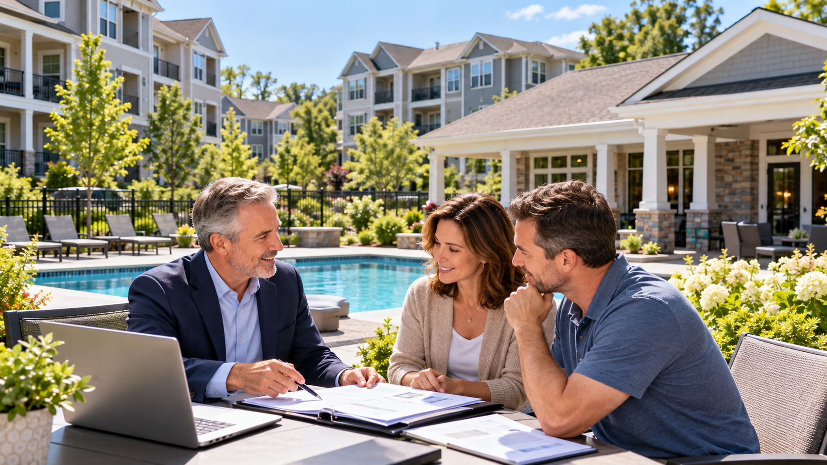 Three people review papers outdoors beside a pool, with a laptop and luxury apartment buildings behind them.