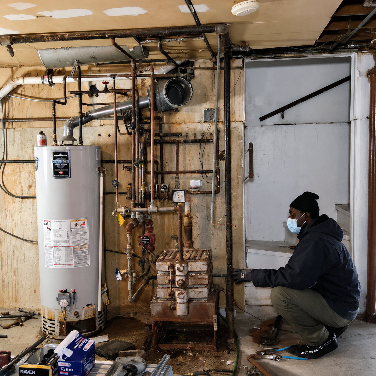 Worker crouches beside exposed plumbing and a water heater in a damaged utility room