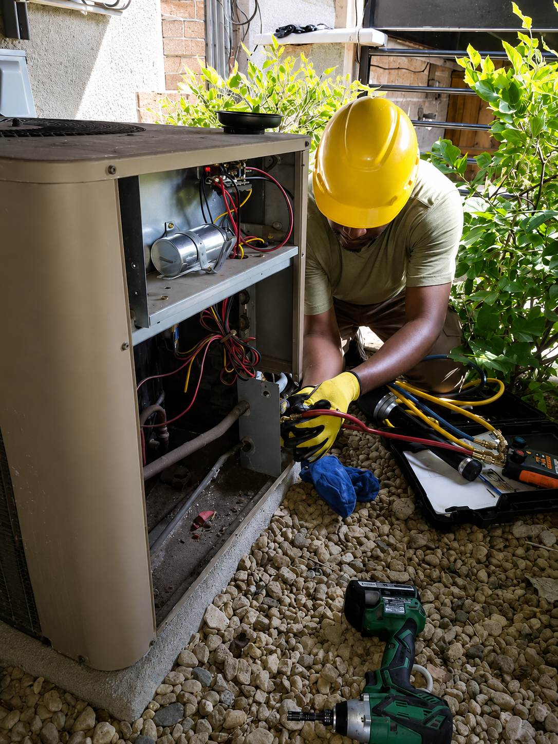 Technician in a yellow hard hat wiring an outdoor HVAC unit beside a green drill and tools on gravel.