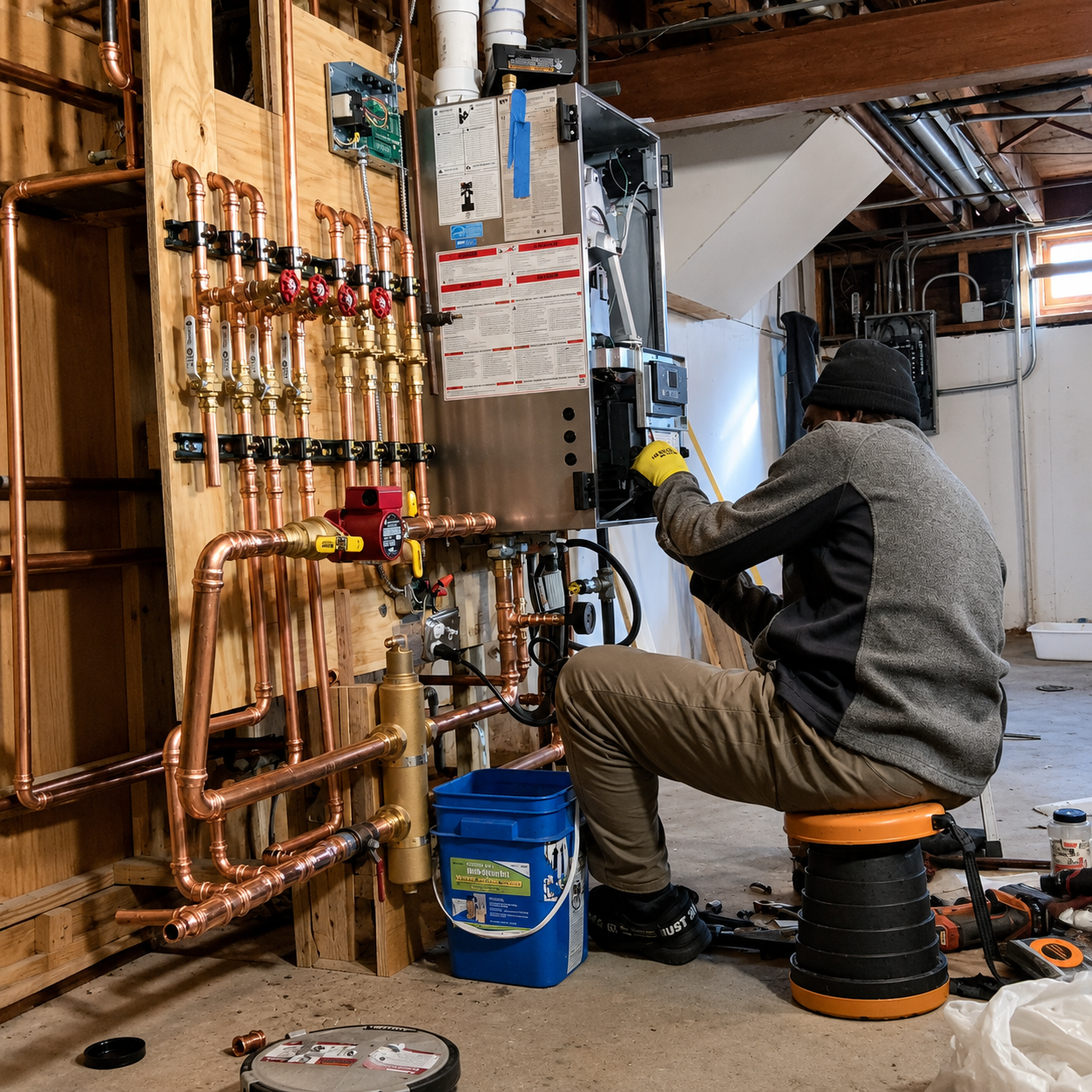 Worker kneels beside copper pipes and a utility panel in a basement, using a tool during plumbing work.