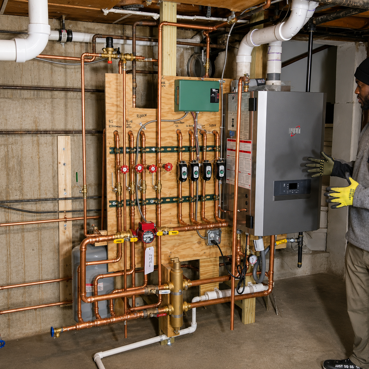 Basement utility room with copper piping, valves, and a gray electrical panel; worker in gloves stands beside it
