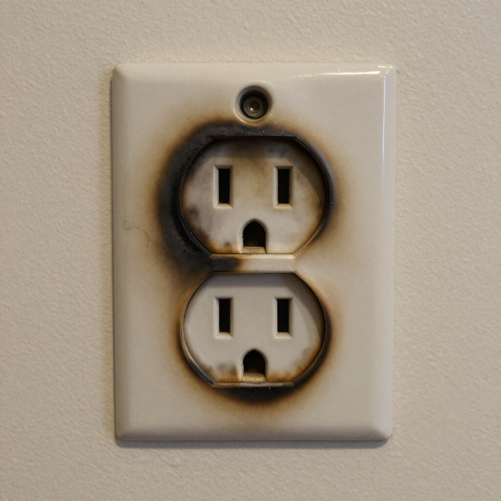 Burnt electrical outlet on a beige wall with two sockets