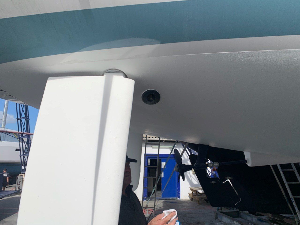 A Jet Thruster nozzle is visible at the transom / stern section of a sailing yacht