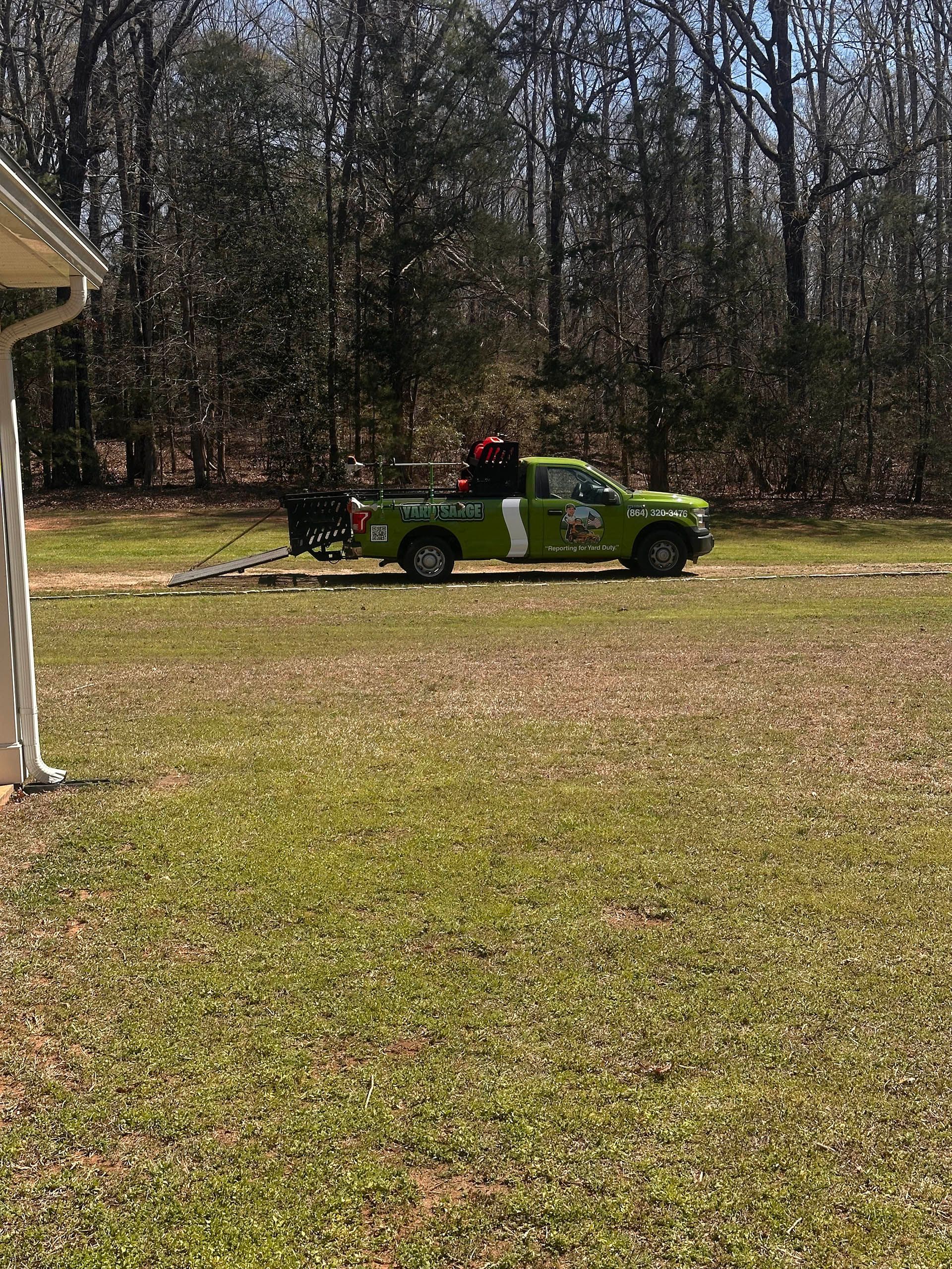 Green pickup truck parked on a dirt path in a grassy yard with trees in the background