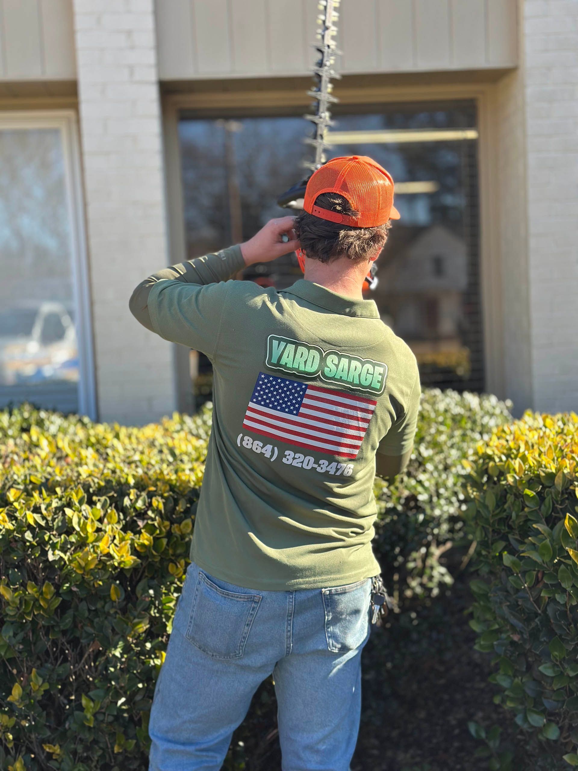 Electric hedge trimmer cutting a green hedge, with a gloved hand visible.