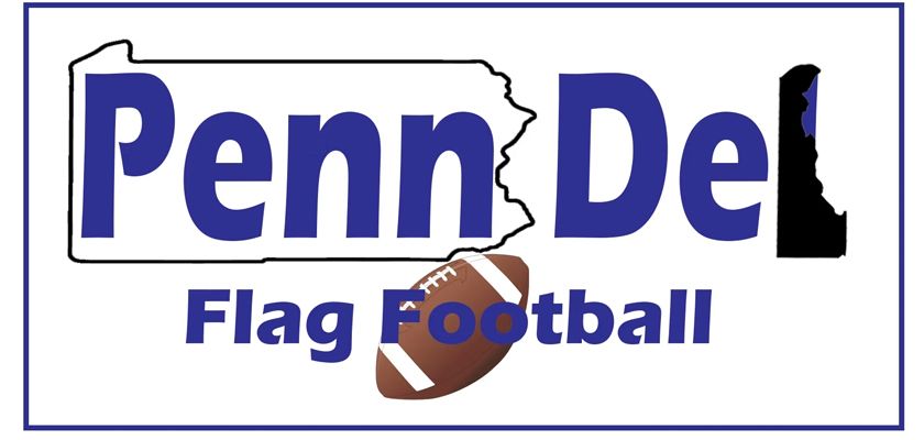 Penn Del Flag Football logo with blue text and a football icon