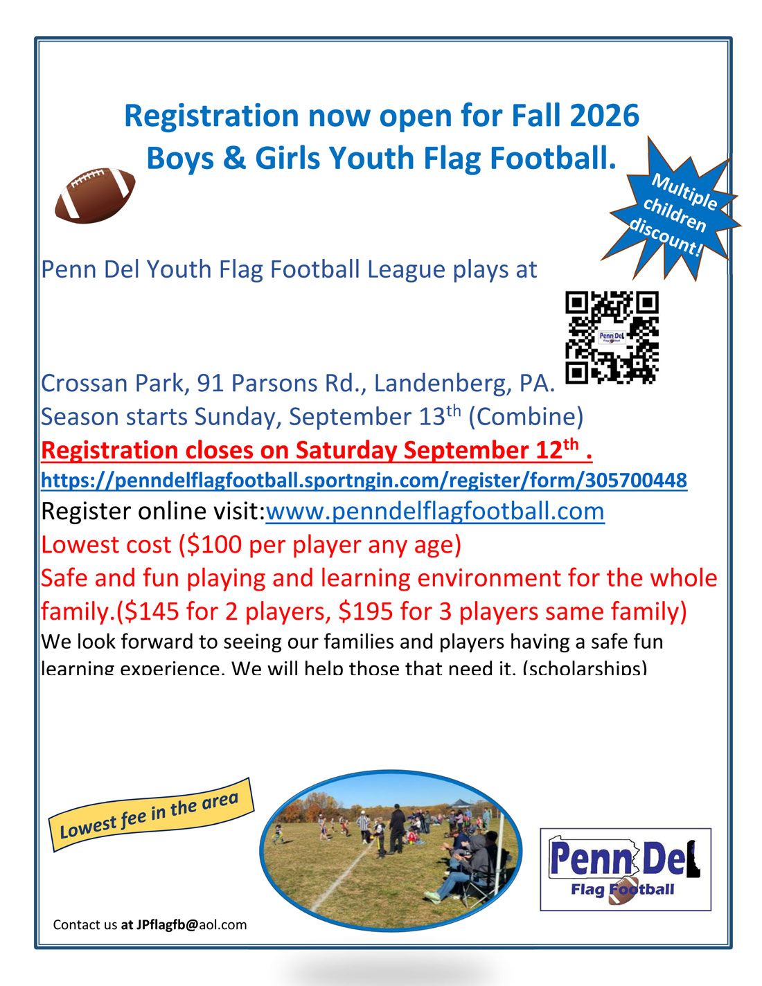 Flyer for Penn Del Youth Flag Football Fall 2026 registration with dates, QR code, and league logo