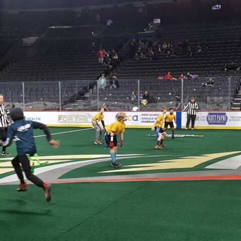Players in yellow and blue compete on an indoor turf field under stadium lights.