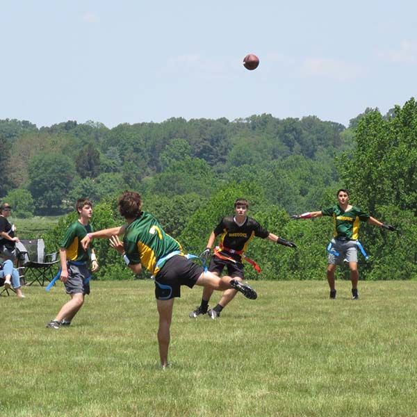 People playing football on a grassy field, with one player kicking a ball midair under a blue sky.