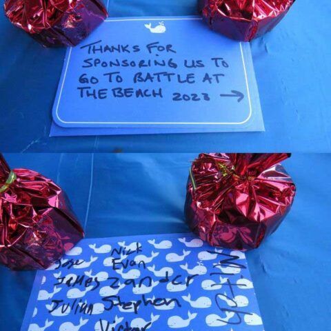 Thank-you note on blue tablecloth beside pink wrapped gifts, split view showing handwritten messages.