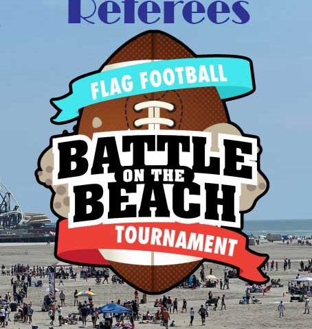 Flag football Battle on the Beach tournament logo over a crowded beach scene