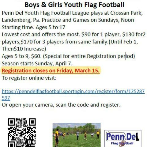Penn Del Youth Flag Football registration flyer with dates, pricing, website, QR code, and game photo
