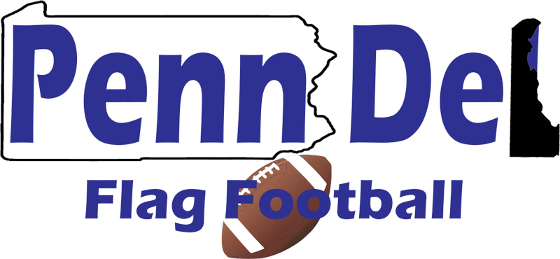 Penn Del Flag Football logo in blue and brown with a football graphic