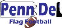 Penn Del Flag Football logo in blue and brown with a football graphic