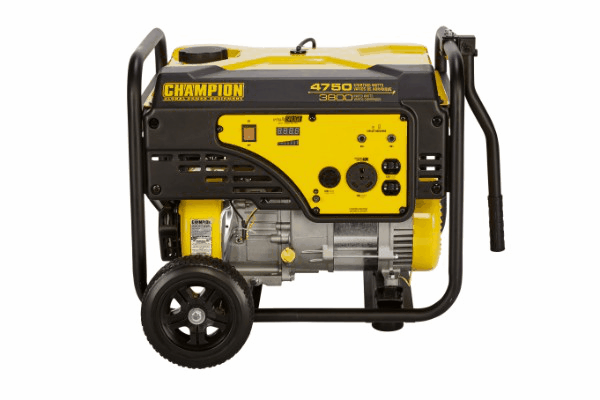 A yellow and black champion generator with wheels on a white background.