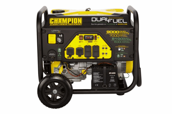 A champion dual fuel generator is shown on a white background