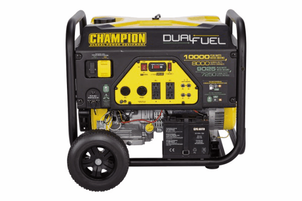 A champion generator with wheels on a white background