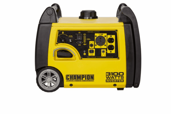 A yellow and black champion generator with wheels on a white background