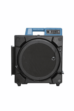 A black speaker with a blue handle on a white background.
