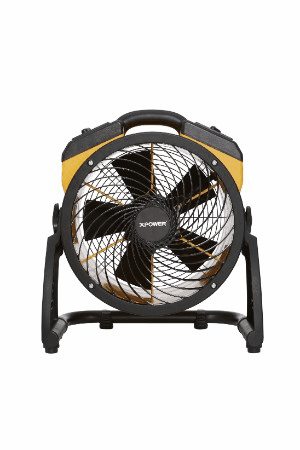 A black and yellow fan on a stand on a white background.