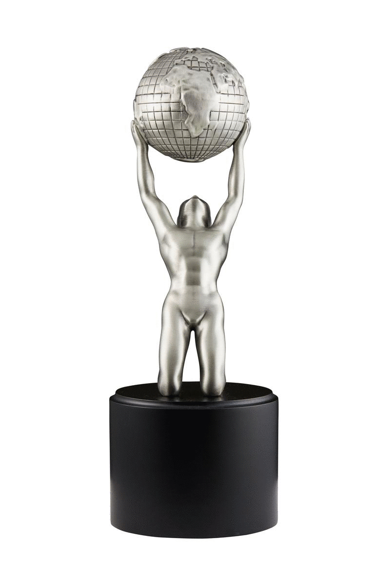 A statue of a man holding a globe in his hands.