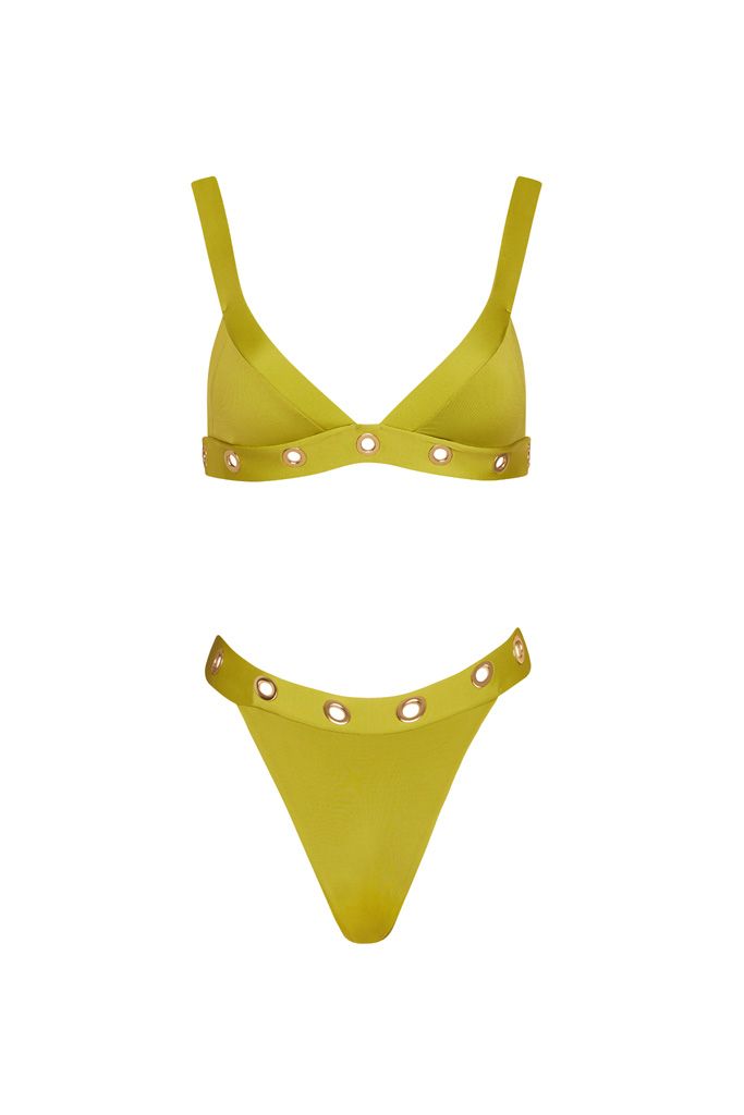 A yellow bikini top and bottom on a white background.