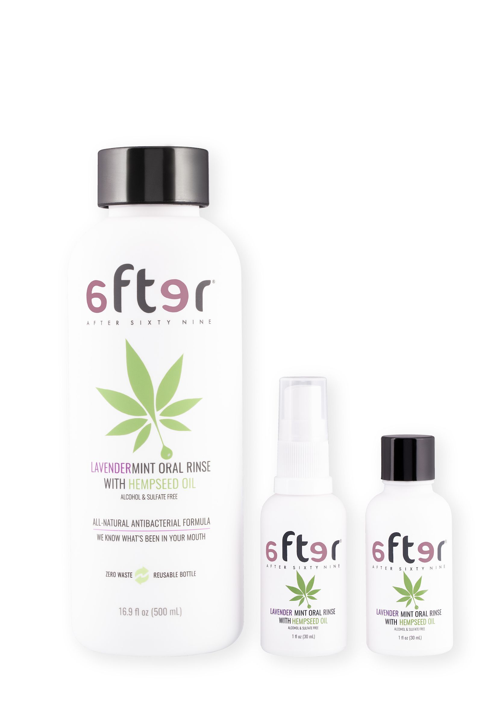 Three white bottles of 6ft9r cannabis products against a white background.