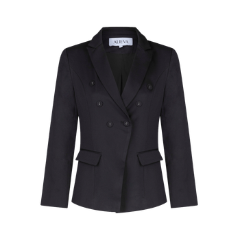 A black blazer with long sleeves and buttons on a white background