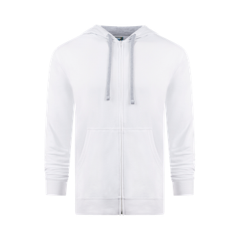 A white hoodie with a zipper and a hood on a white background.