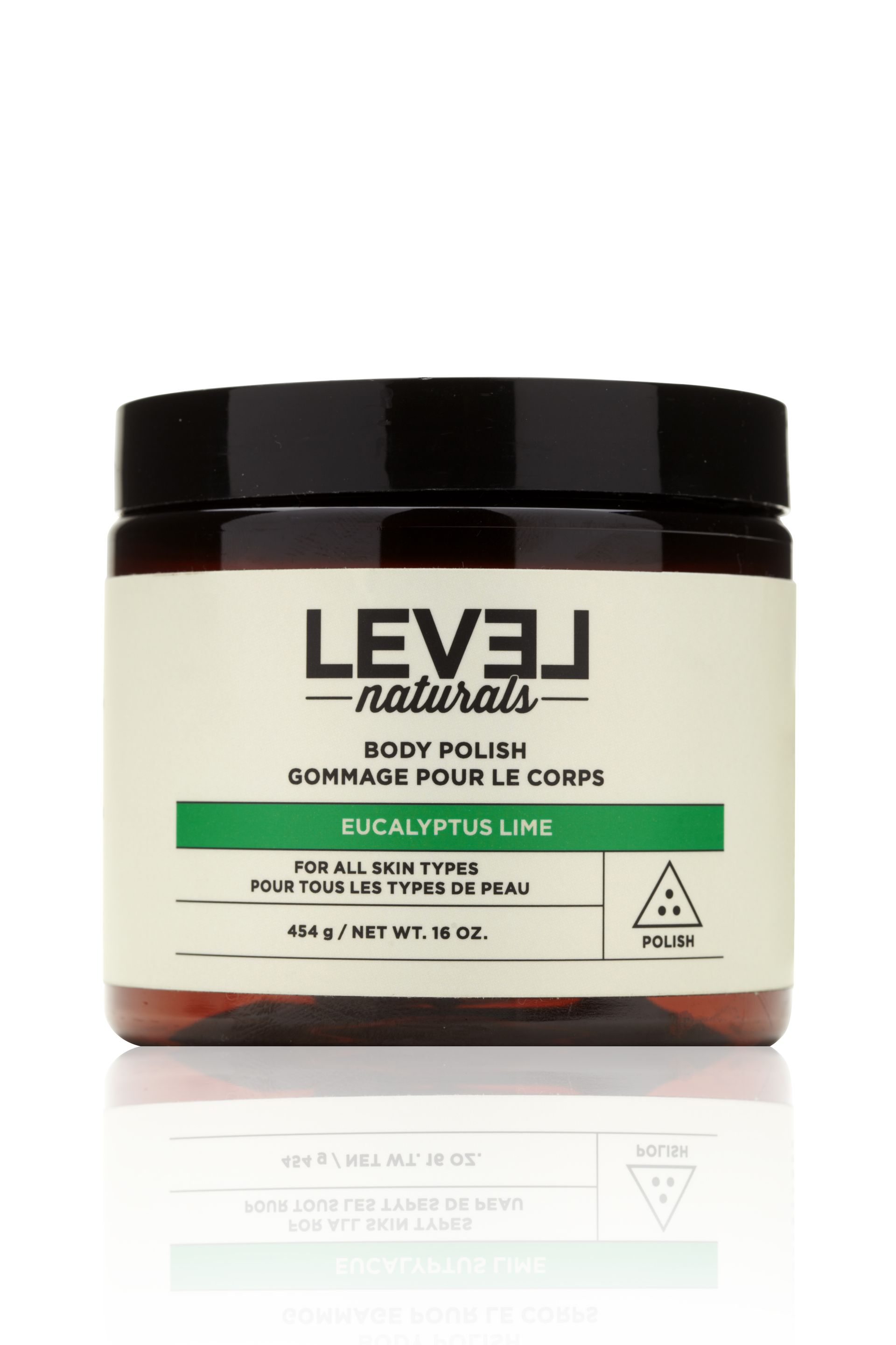A jar of level naturals eucalyptus lime body polish