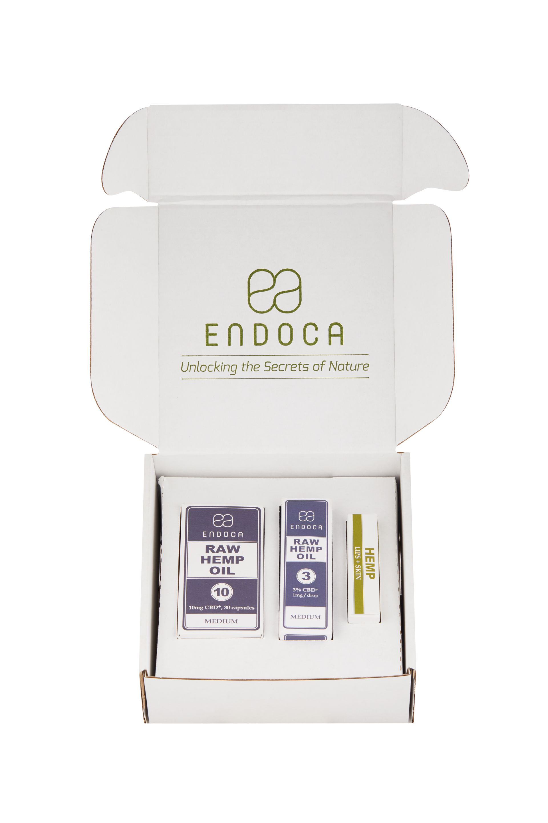 A white box filled with a variety of products on a white background.