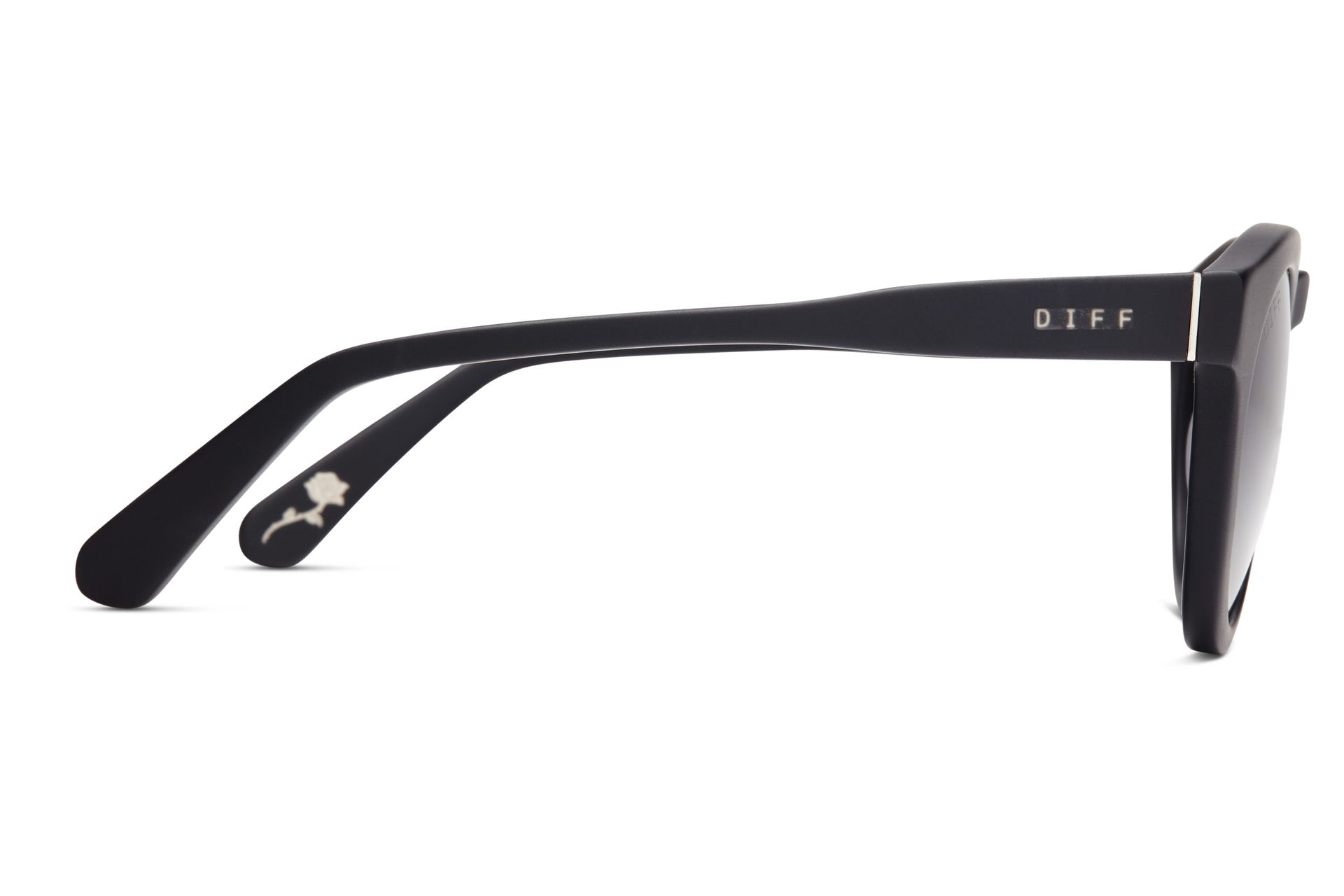 A pair of sunglasses with a black frame and black lenses on a white background.