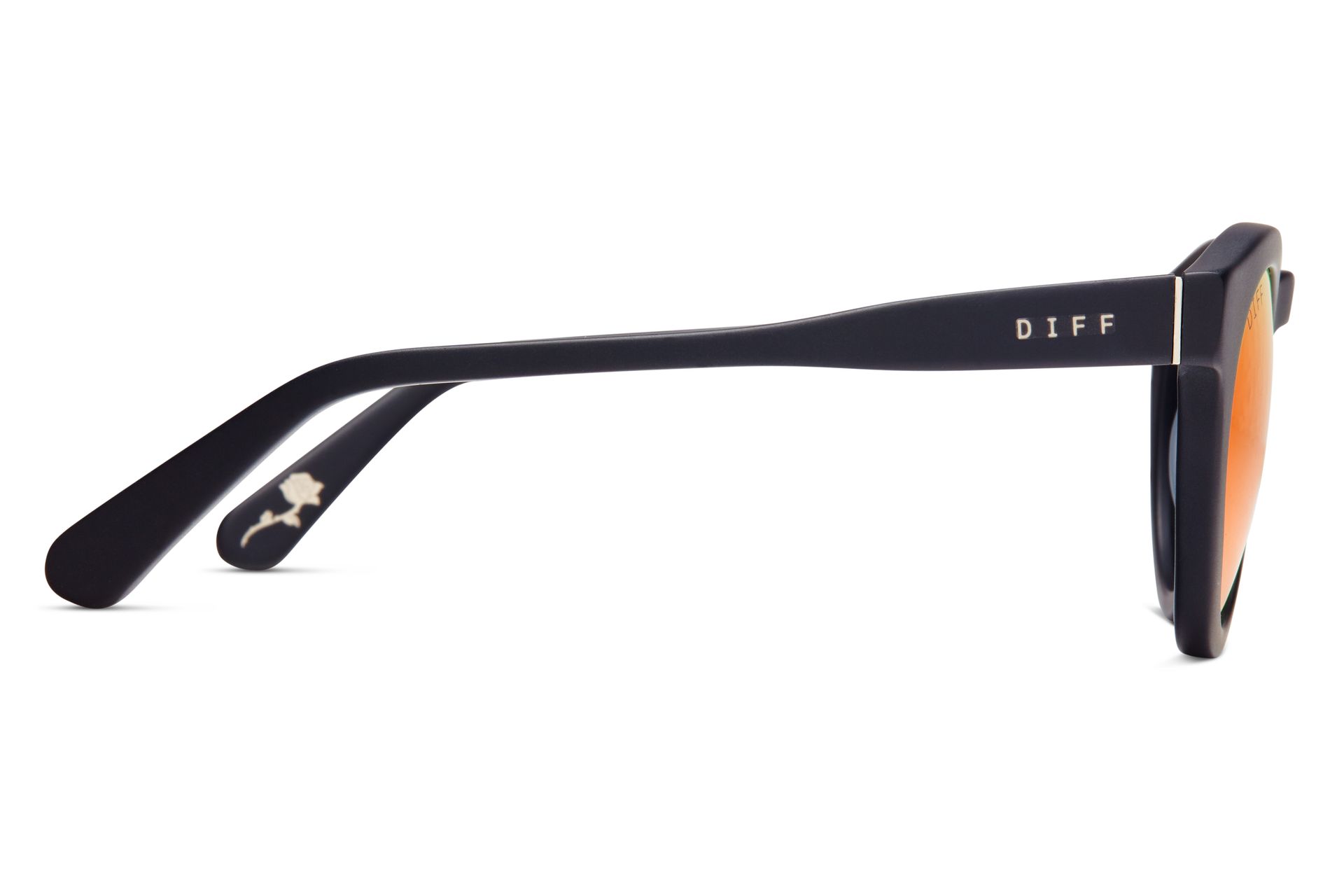 A pair of black sunglasses with orange lenses on a white background.
