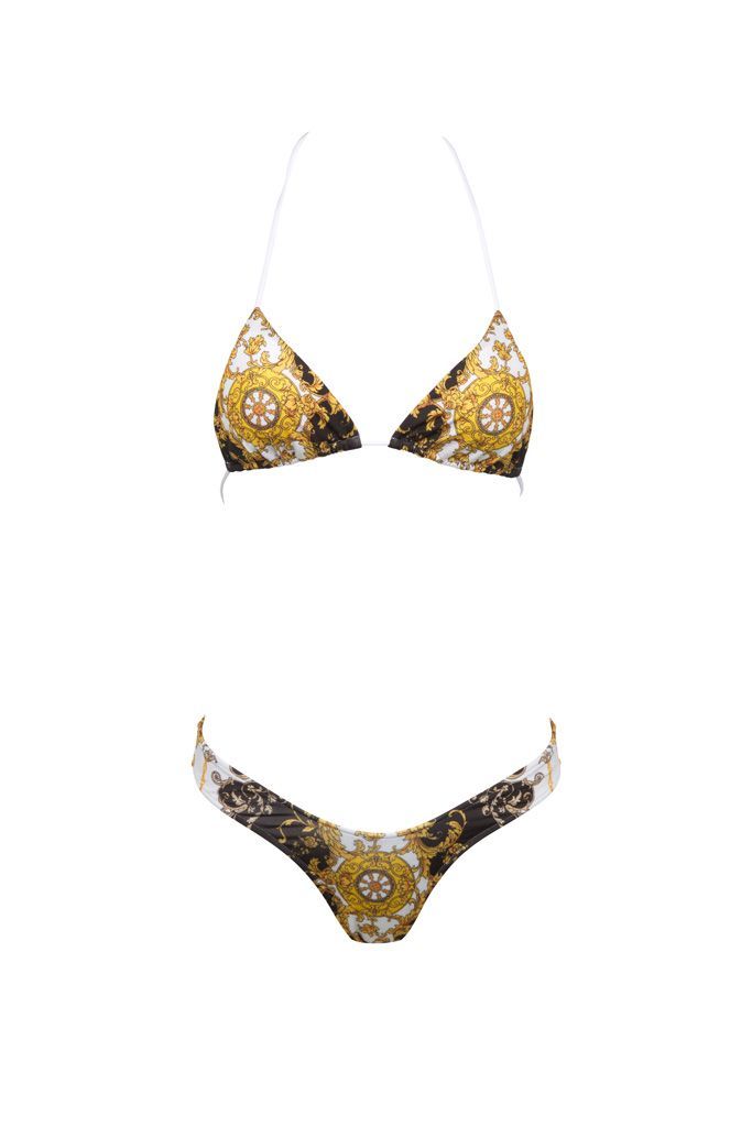 A yellow and black bikini set on a white background.
