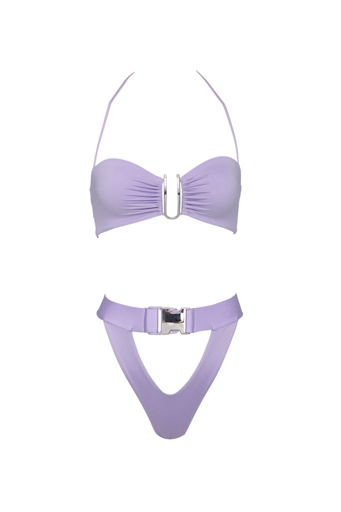 A purple bikini with a silver buckle on the waist.