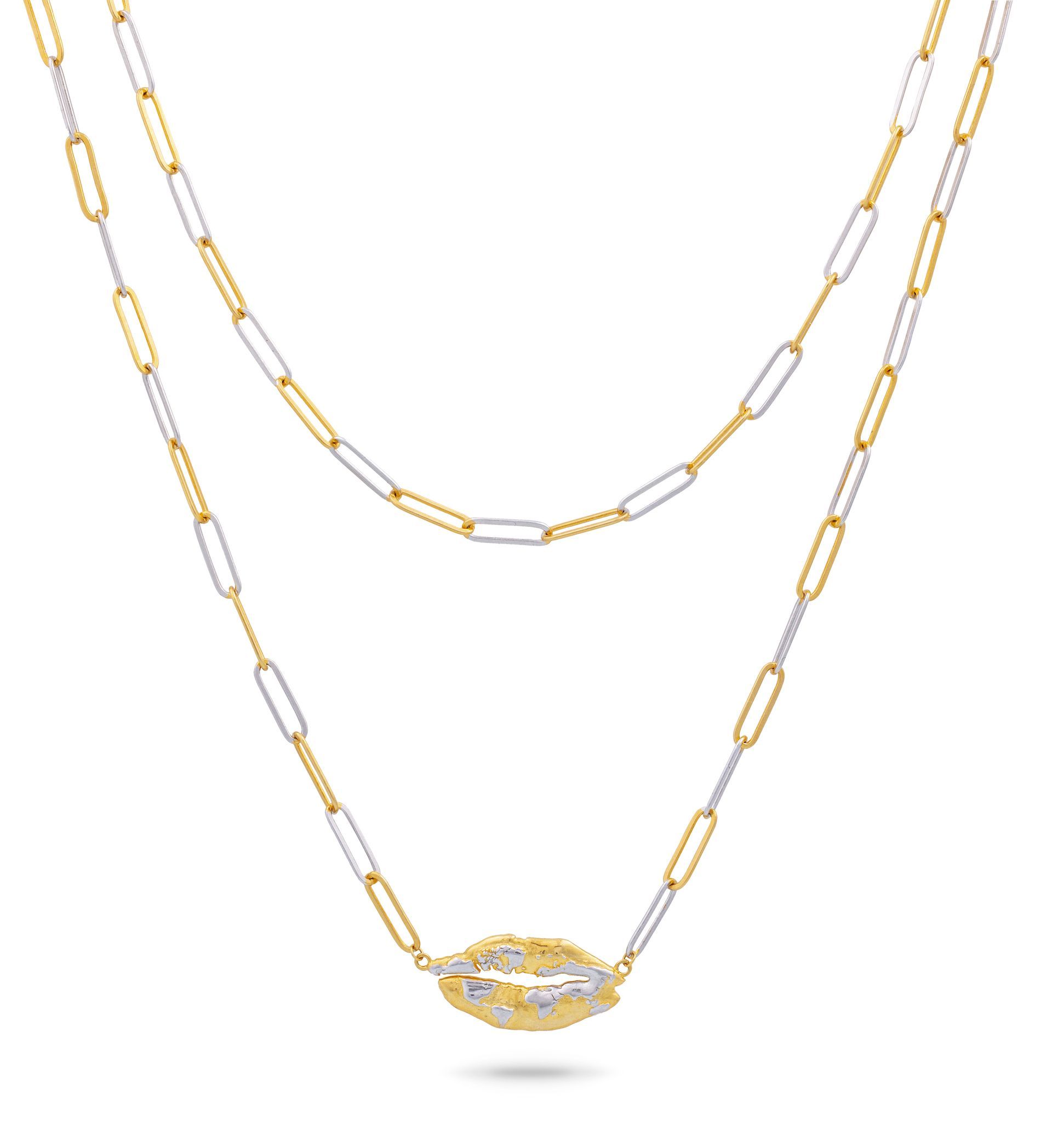 A gold and silver necklace with a pendant on a white background.