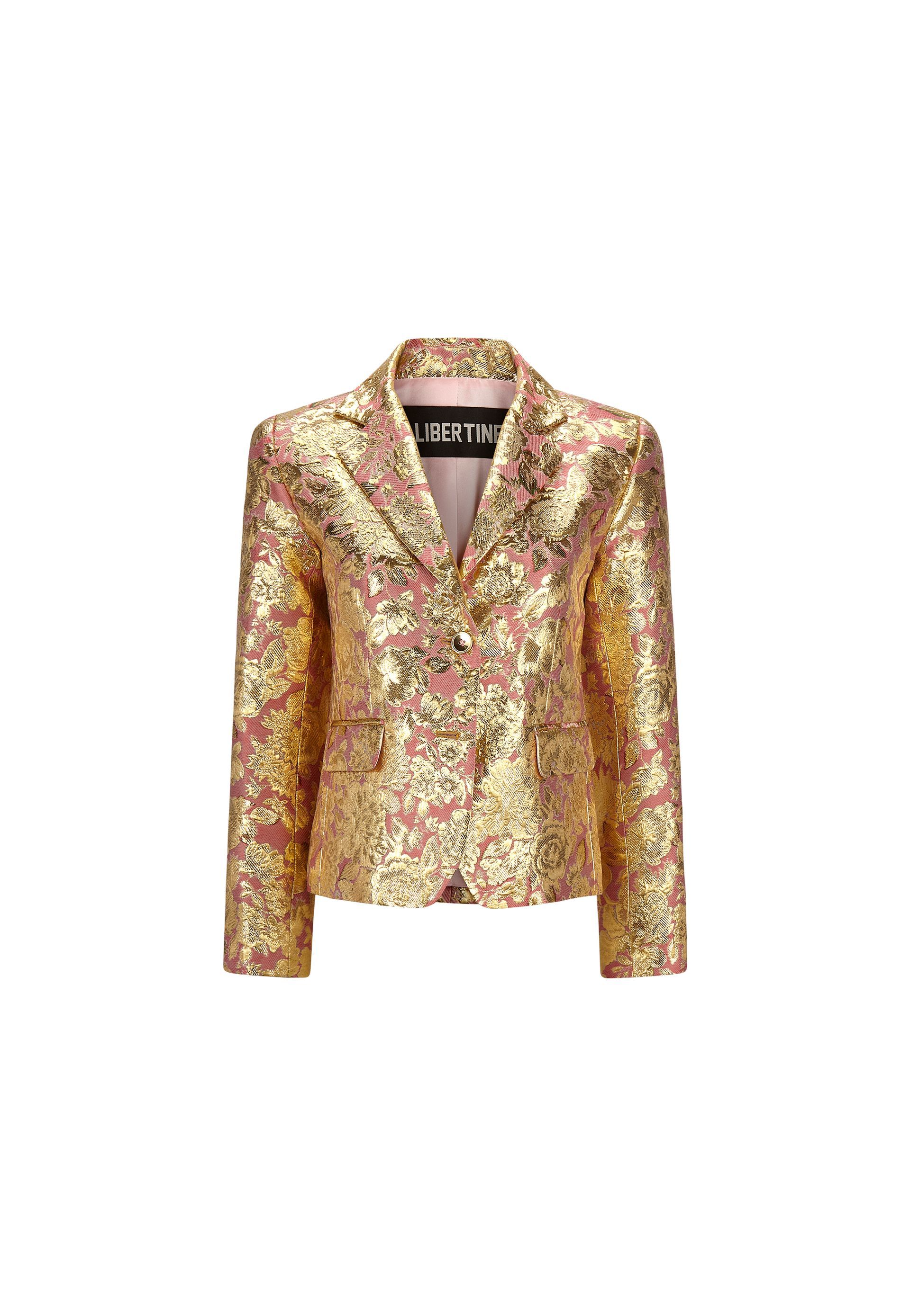 A gold sequined jacket with a pink collar and sleeves on a white background.