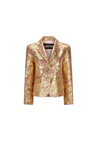 A gold sequined jacket with a pink collar and sleeves on a white background.