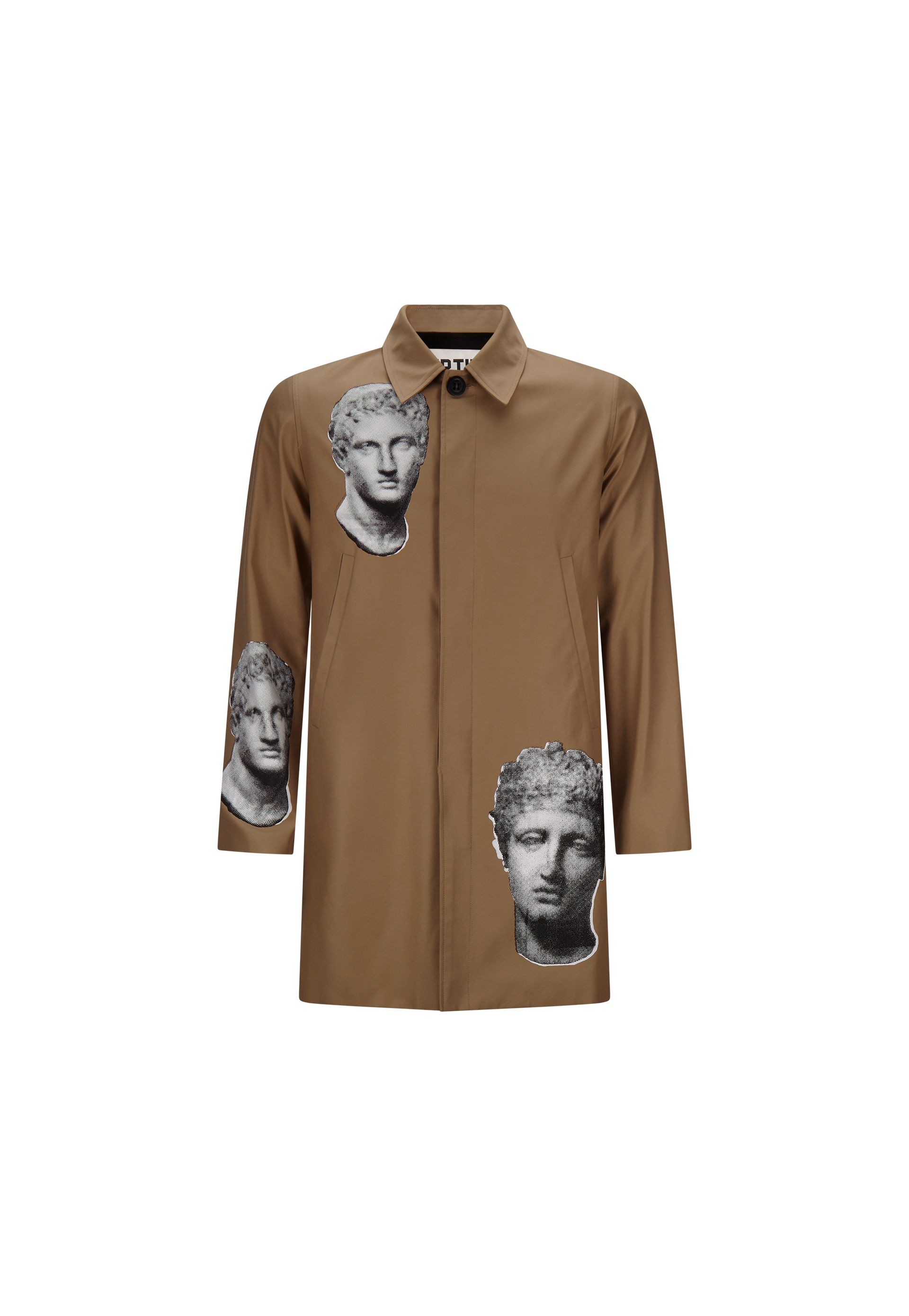 A brown trench coat with three heads on the sleeves.
