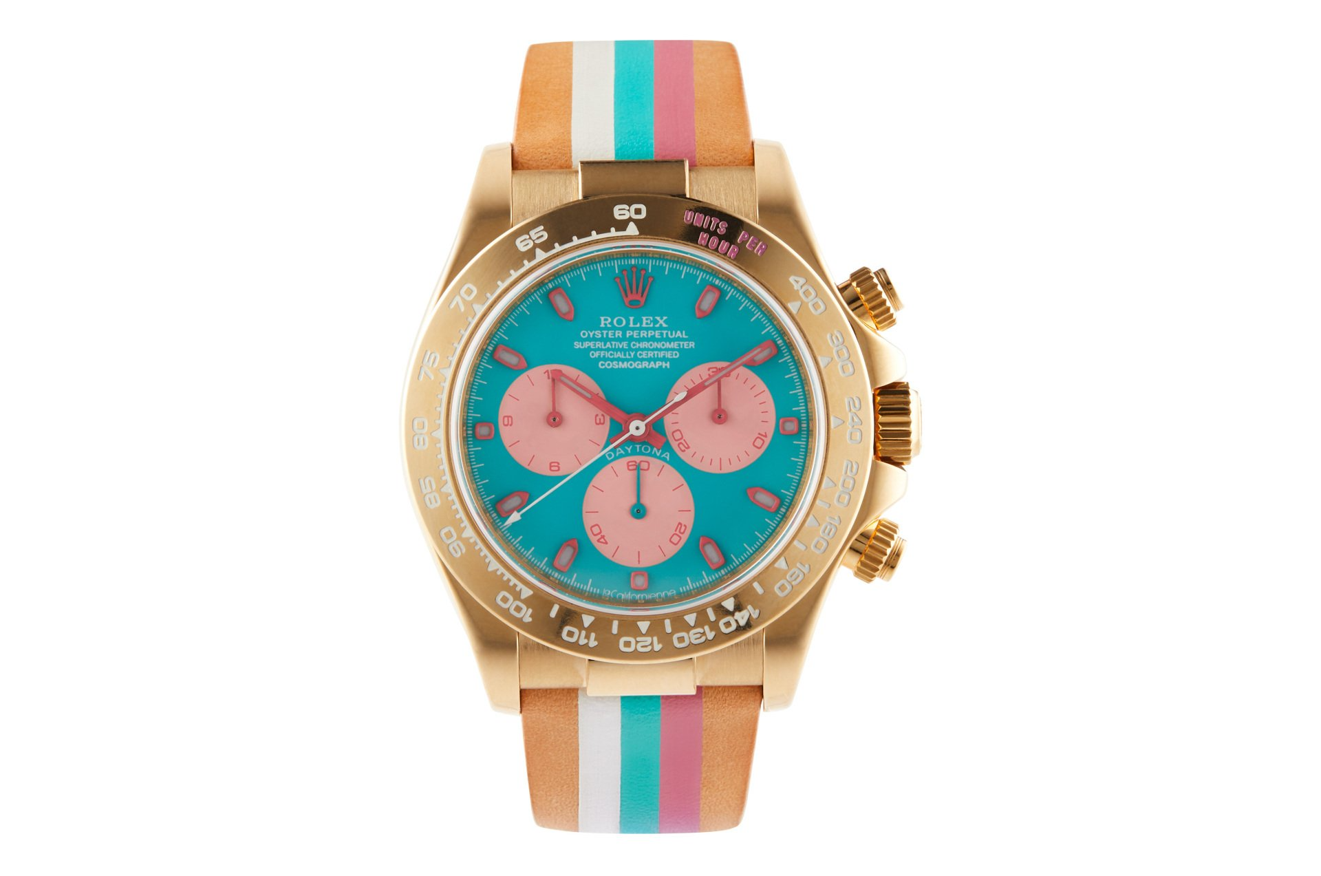 A rolex watch with a colorful band on a white background.
