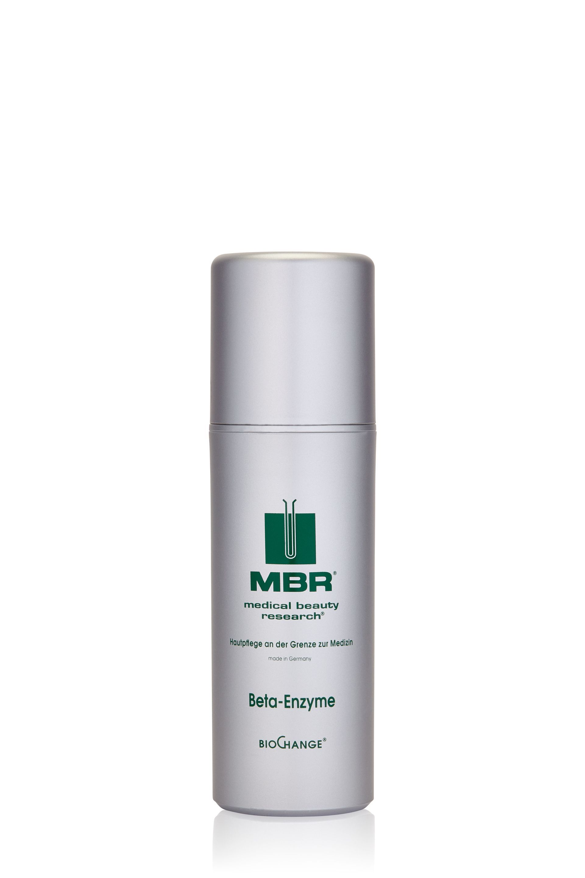 A bottle of lotion with a green logo on it on a white background.