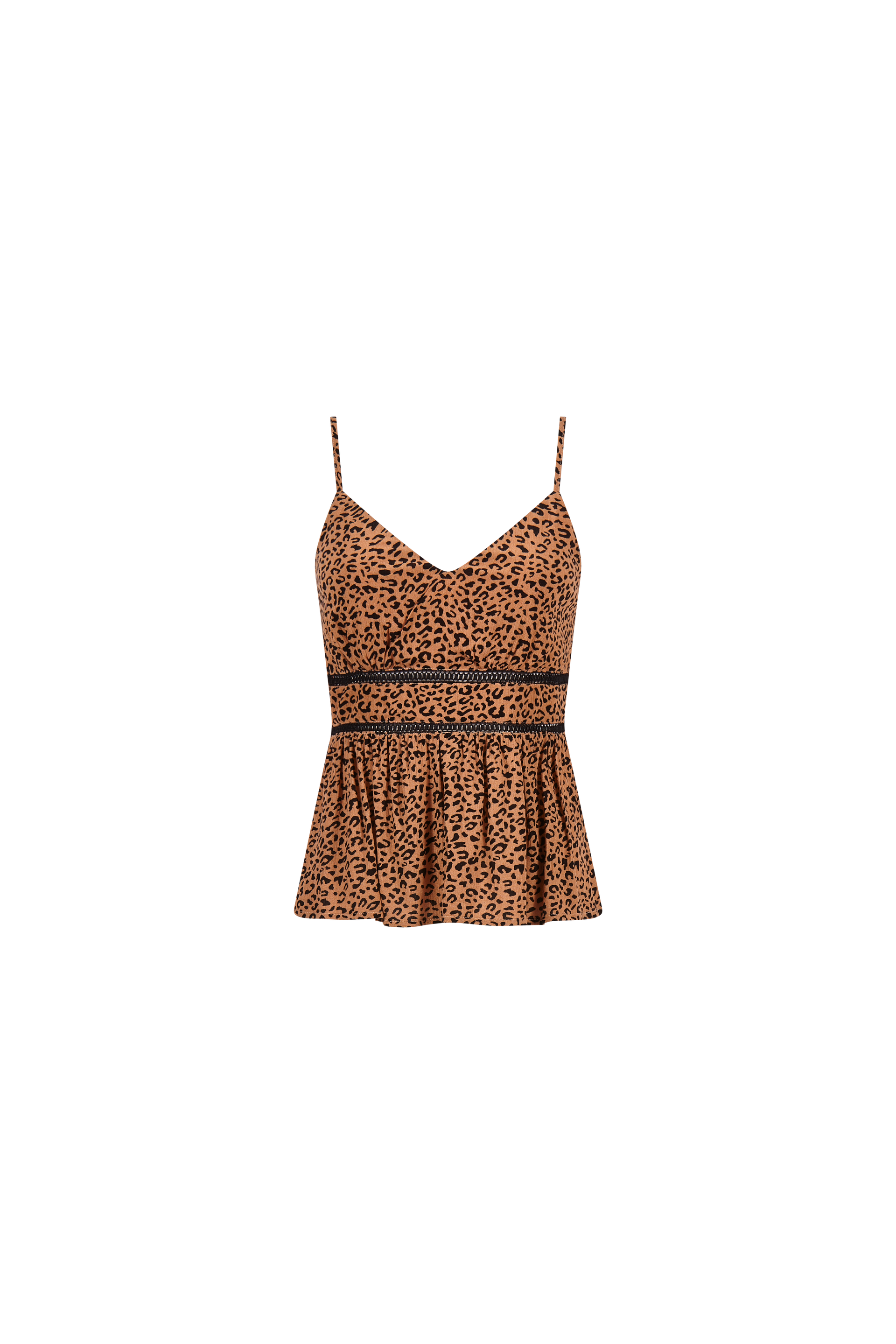 A brown tank top with a leopard print on a white background.