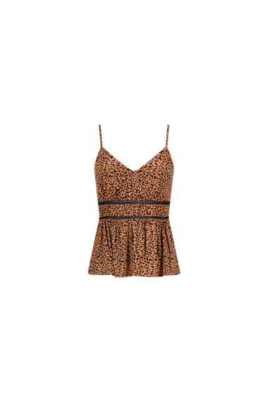 A brown tank top with a leopard print on a white background.