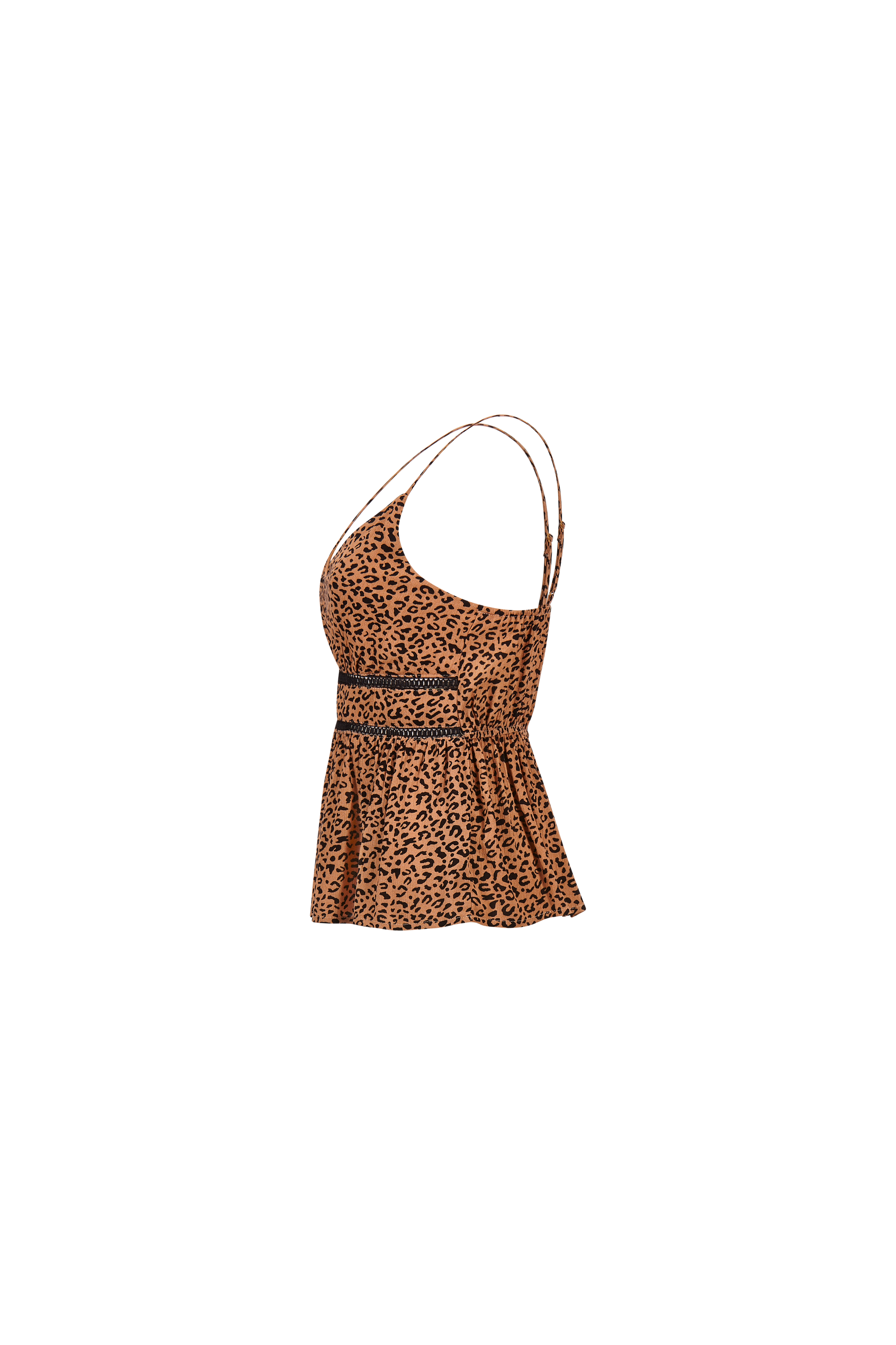 A leopard print tank top with a halter neckline on a white background.