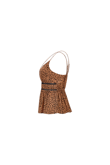 A leopard print tank top with a halter neckline on a white background.