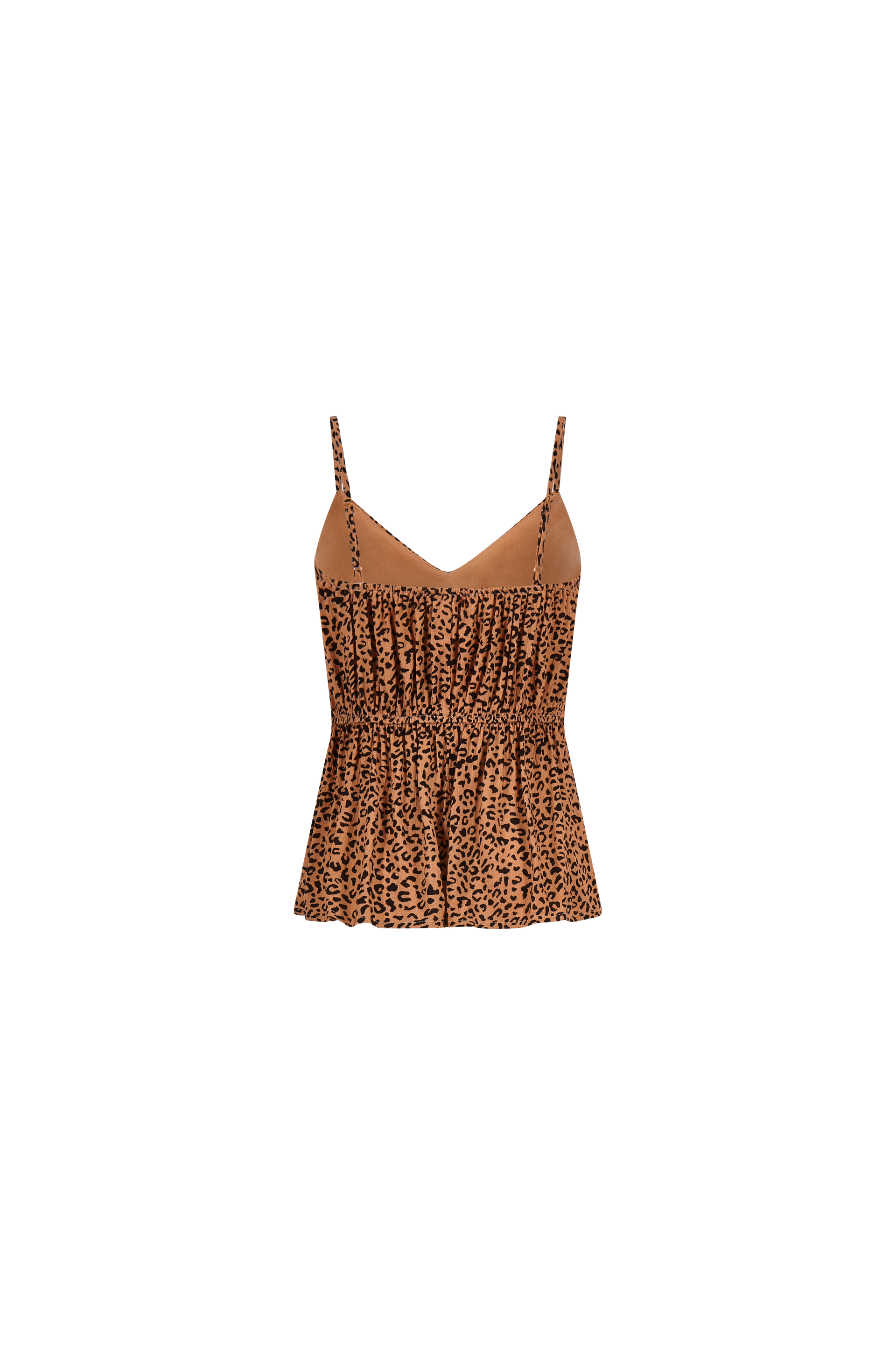A brown tank top with a leopard print on a white background.