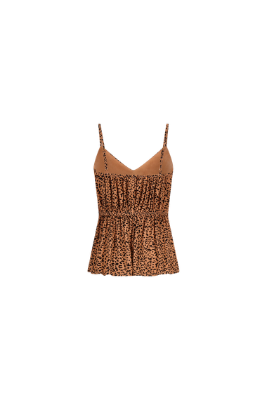 A brown tank top with a leopard print on a white background.