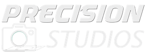 A white logo for precision studios with a picture of a camera.