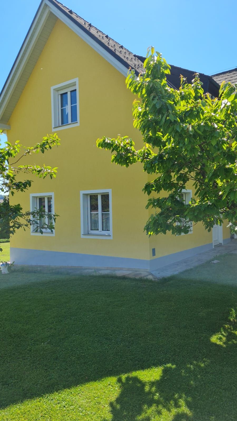 Ein gelbes Haus mit einem Baum davor